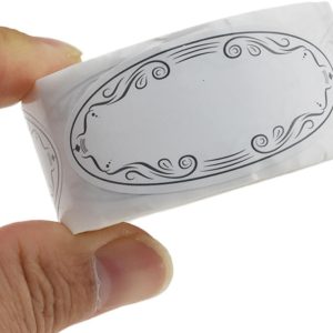 150 oval white kraft paper stickers with black art border - writable and durable