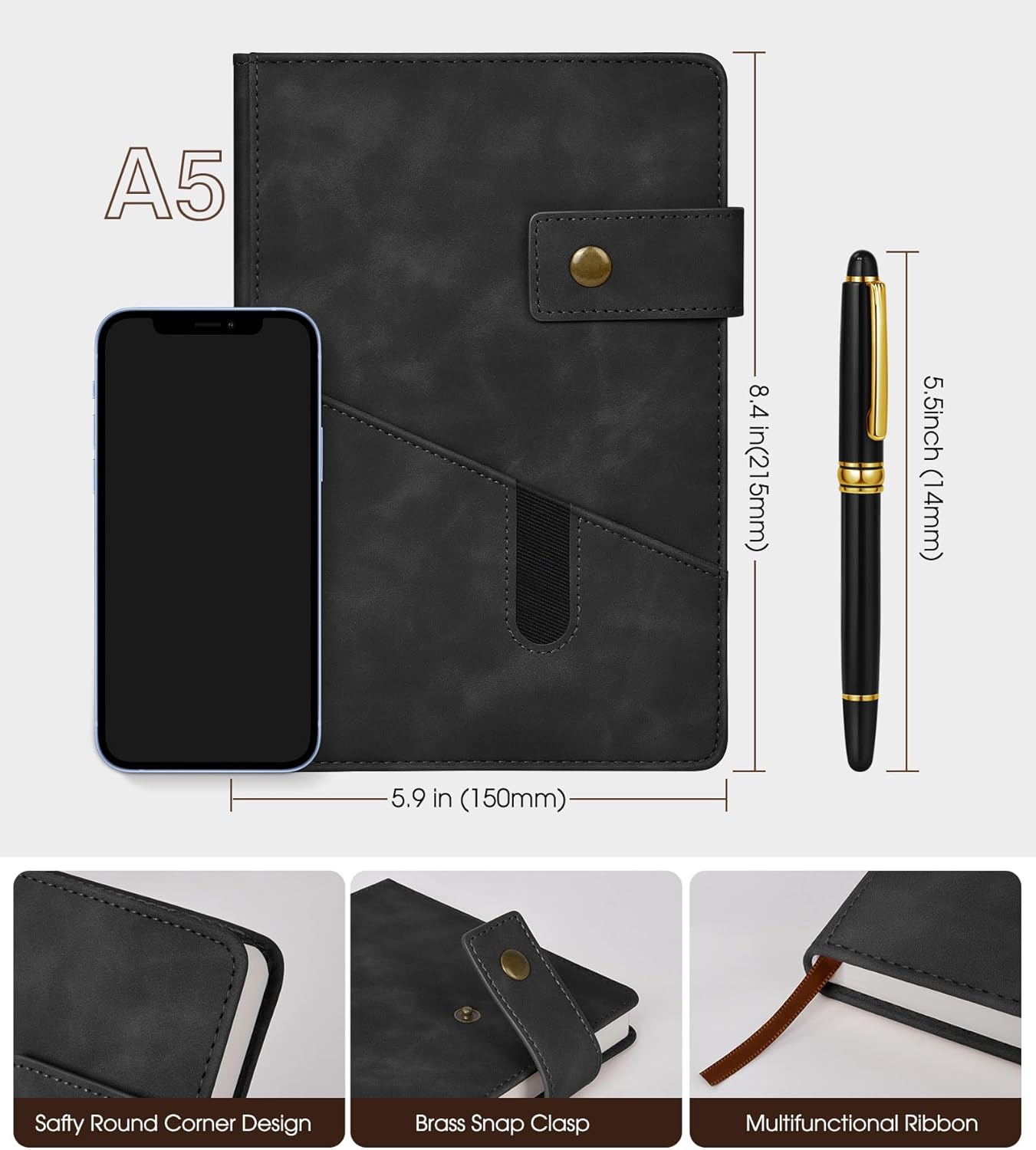 A5 Lined Leather Journal Notebook,Hardcover Journal Set with Pen and Gift Box,100Pages 100 Thick Ruled Paper Daily Diary for Men Women School,Travel,Business,Work,Writing 5.9" X 8.4" - Image 2