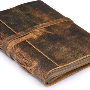 Genuine Leather Bound Journal Writing Notebook for Men Women - Daily Writing Notepad Lined Paper 300 Kraft Pages, Handmade, Rustic Brown, 6 X 4 in (A6)