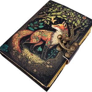 Fox Leather Journal for Men and Women, 200 Pages, Antique Large Vintage Bound Writing Gift Book of Shadows Journals Deckle Edge Paper Antique Printed Notebook Journal (8x6)