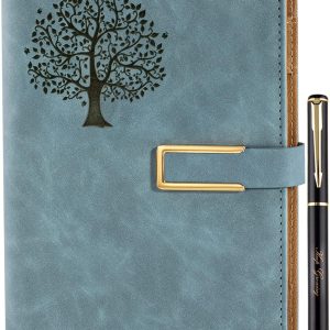 Tree of Life Refillable Writing Journal for Women&Men Faux Leather Hardcover Notebook A5 College Ruled 200 Lined Pages Lay-Flat Diary with Pen&Magnetic Buckle (Tree of Life-Light Blue)